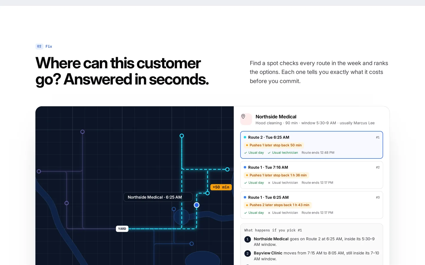 Find a spot for one customer: a route map beside three ranked options, each saying what it pushes back, and a summary of what happens if you pick the first.
