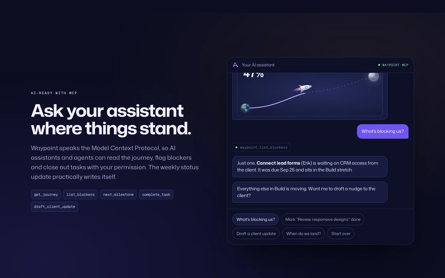 An AI assistant chat: asked what’s blocking the project, it names the task waiting on CRM access and offers to draft a nudge to the client.