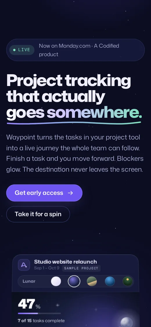 Waypoint on a phone: the launch page headline, and the world picker above a journey card. (phone screen 1 of 2)
