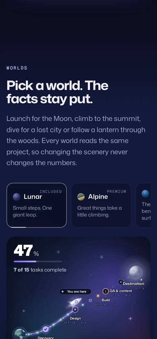 Waypoint on a phone: the launch page headline, and the world picker above a journey card. (phone screen 2 of 2)